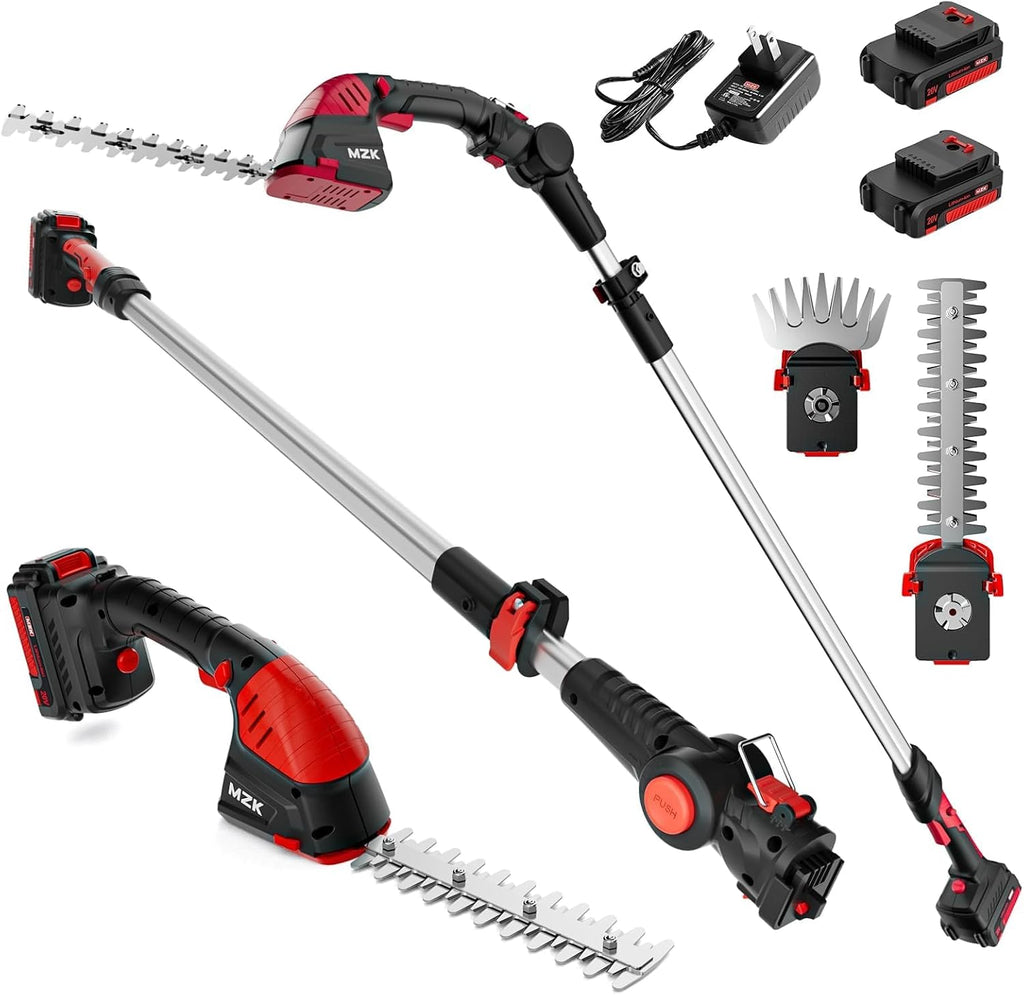MZK 20V 2-in-1 Pole Hedge Trimmer & Grass Shear, 13-Foot Reach | Multi-angle cordless trimmer with extension pole for hedges, grass shearing, shrubs, and yard care.