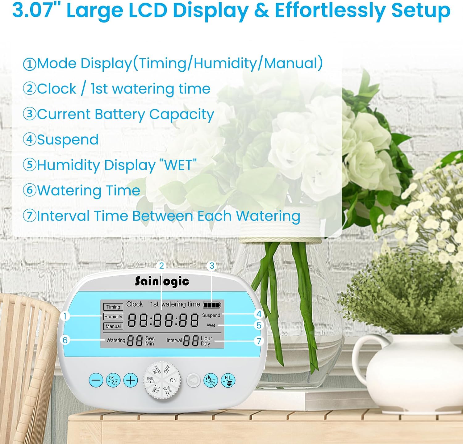 Sainlogic Automatic Plant Waterer for 15 Potted Plants, Self-Watering System with Humidity Monitor Display, Deep Root Irrigation, IP64 Programmable Timer, Ideal for Vacation, Travel and Indoor Garden