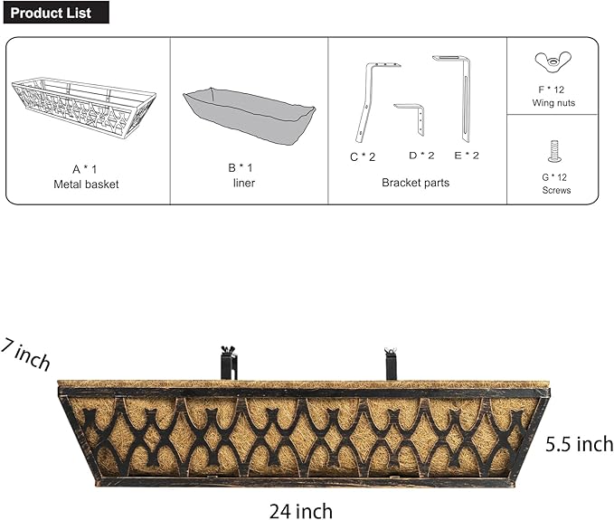 6 Pack 24 Inch Window Boxes Planters Railing Planter Box with Adjustable Brackets for Porch Fence Patio Balcony Hanging Flower Baskets with Coco Liners for Outdoor Garden Decor - Bronze