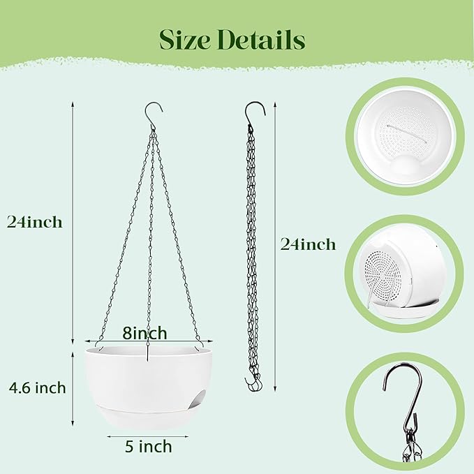 Set of 2-8 Inch Self Watering Hanging Planters for Indoor Outdoor，Hanging Plant Pots with Drainage & Removable Tray, Hanging Pots Holder for Ivy, Pothos, Ferns, Balcony & Patio, White