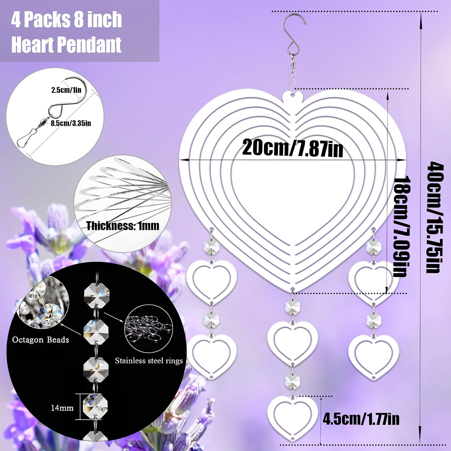 4Pack 8inch Sublimation Wind Spinner Blanks 3D Aluminum Metal Wind Sculpture Kinetic Spinners for Yard and Garden Indoor Art Ornaments Hanging Decoration (Heart Pendant)