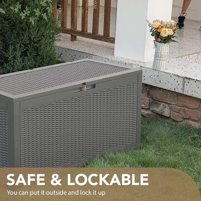 Devoko 95 Gallon Deck Box Large Resin Outdoor Storage Box, Waterproof and UV Resistant Lockable for Outdoor and Patio, Large Storage Cabinet for Patio Furniture, Garden Tools and Pool Supplies, Grey