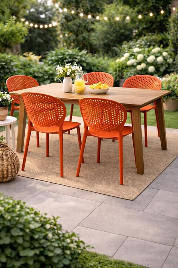2xhome Patio Dining Chair | Modern Stackable Outdoor Pool Side Chair | Weather Resistant Plastic for Yard, Porch, Balcony, Kitchen, Orange, Single, Set of 1
