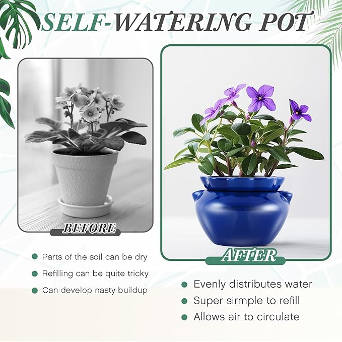 2 Sets African Violet Pots 7.5 Inch Self Watering Pot for Indoor Ceramic Self Watering Planter for Flower Lovers Ideal Plant Pot Thriving Flower Maintenance
