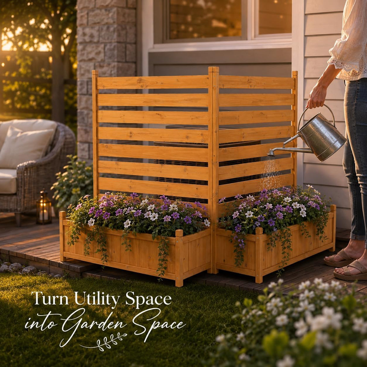 wood ac privacy fence with planter, 2 panels, package contents