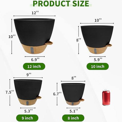 12/10/9/8 inch Self Watering Pots with Visual Water Window, Extra Large Self Watering Plant Pot with Drainage Holes and Saucers, Black Flower Pots for Indoor Plants