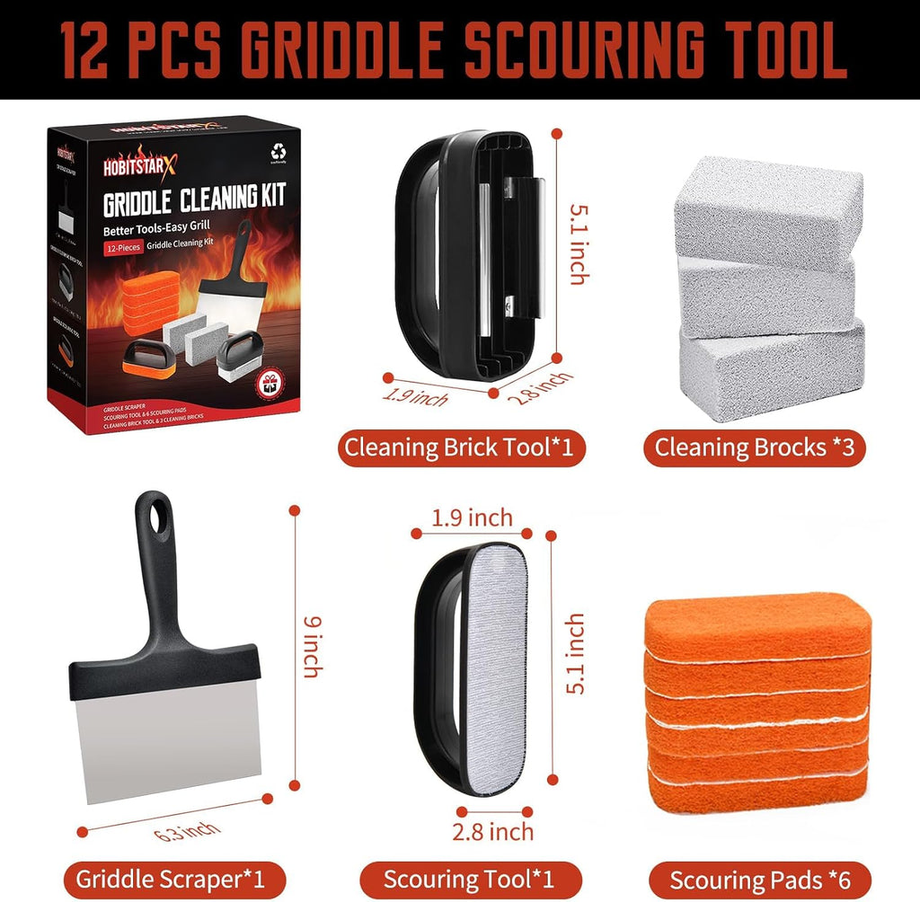 Griddle Cleaning Kit for Blackstone, Heavy-Duty Scraper & Ergonomic Handles | Non-Scratch Scouring | Flat Top Griddles | Cast Iron | Ovens & BBQ Surfaces | Removes Stubborn Grease Easily