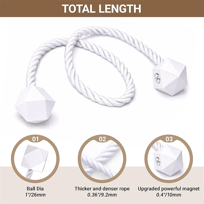 Hion Magnetic Curtain Tiebacks White 2pcs, Curtain Tiebacks Buckles Holdbacks Holders Hooks Clip for Home Bedroom Office Decorative Curtain
