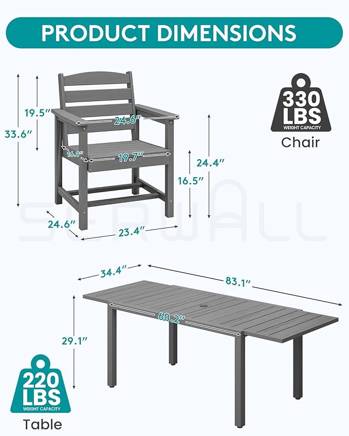 SERWALL 9-Piece Outdoor Dining Set, 60" - 83" Expandable Outdoor Dining Table and 8 HDPE Chairs, All Weather HDPE Outdoor Furniture Set for Backyard, Garden, Grey