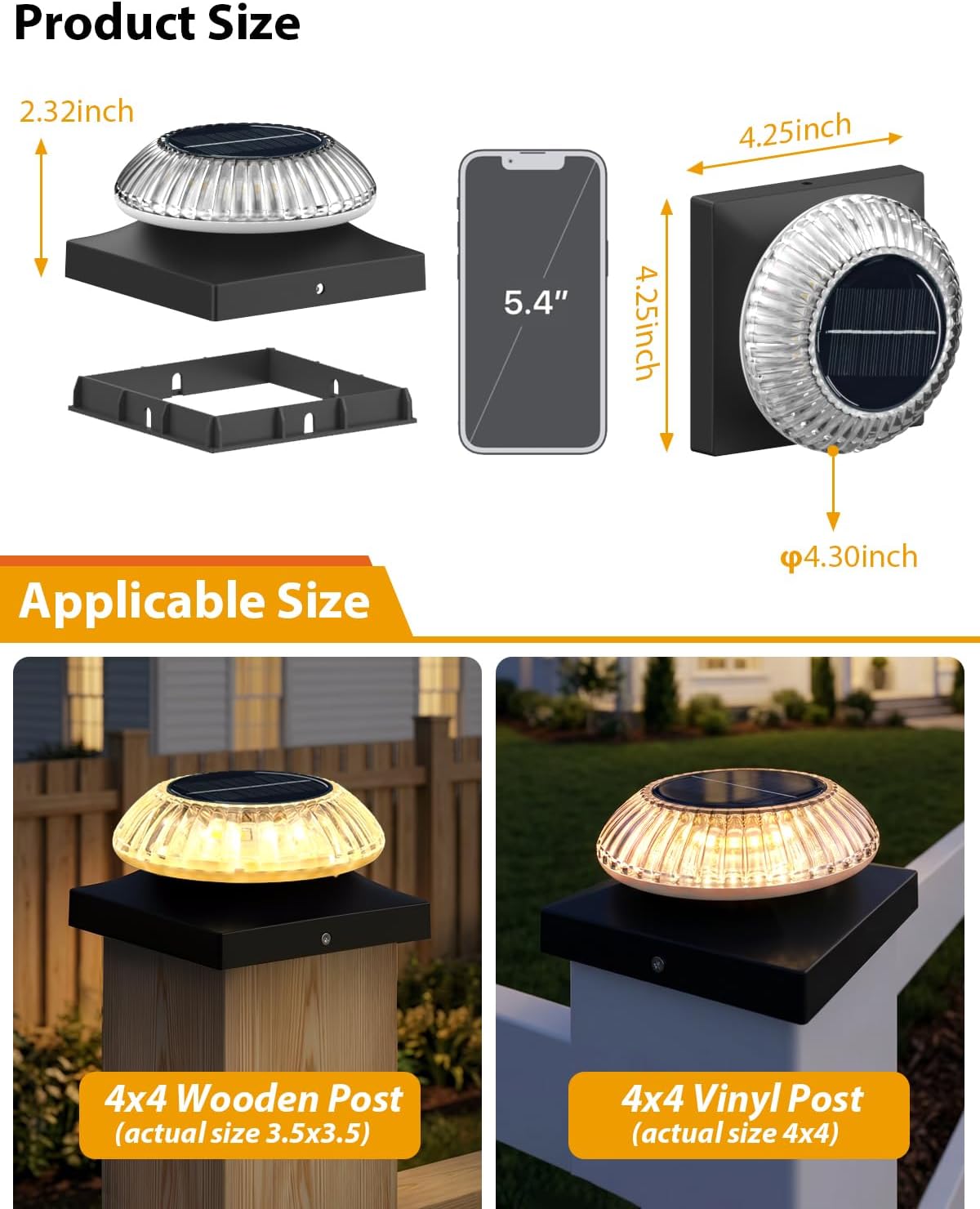 Solar Post Cap Lights for 4x4 & 3.5x3.5 Posts, IP55 Waterproof Deck Lights Solar Powered, 3 Color Modes Fence Caps for Wood Vinyl Mailbox Railing Patio