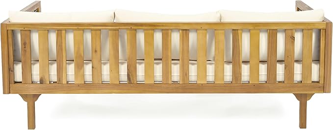 Merax Outdoor Acacia Wood Conversation Set - Patio 3-Seat Loveseat Sofa w/Coushion and Round Coffee Table for Backyard, Lawn, Balcony, Beige +Teak