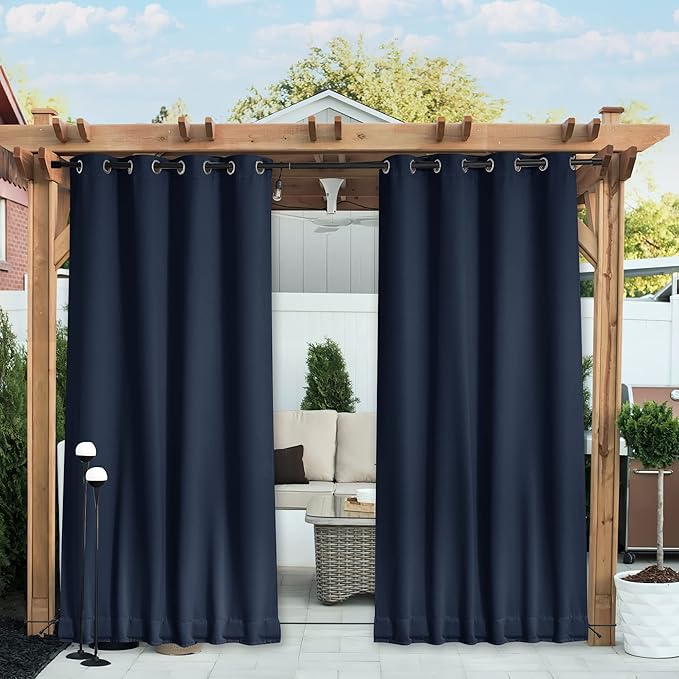 NICETOWN 2 Panels Fixed Outdoor Curtains for Patio Waterproof, Top & Bottom Grommet & Back Tab Windproof Drapes Thermal Insulated Blackout Outdoor Drapes for Gazebo, W52 x L72, Navy Blue, 2 Panels