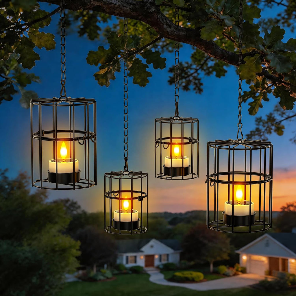 Yme Solar Hanging Lanterns Outdoor Waterproof, Long Lasting Solar Tea Light | 2 Large 2 Small Hanging Candle Holders, Flickering Flameless LED Solar Tealights, Outdoor Decor for Tree Patio Garden Pergola