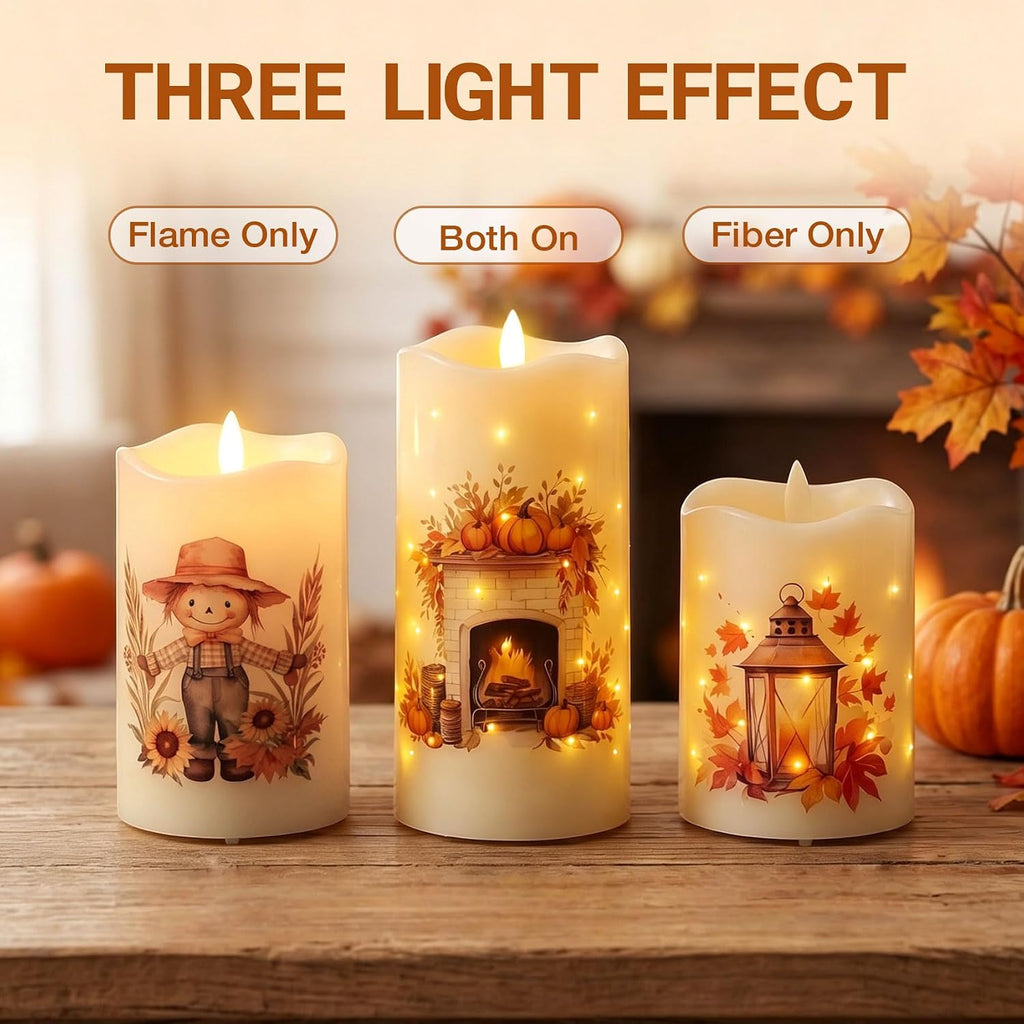Fall Fiber Optic Flameless Pillar Candles with Remote Set of 3 | Pumpkin Maple Leaf LED Candles Flickering, 3 AA Battery Operated, Harvest Autumn Home Table Shelf Decor