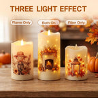 Fall Fiber Optic Flameless Pillar Candles with Remote Set of 3 | Pumpkin Maple Leaf LED Candles Flickering, 3 AA Battery Operated, Harvest Autumn Home Table Shelf Decor