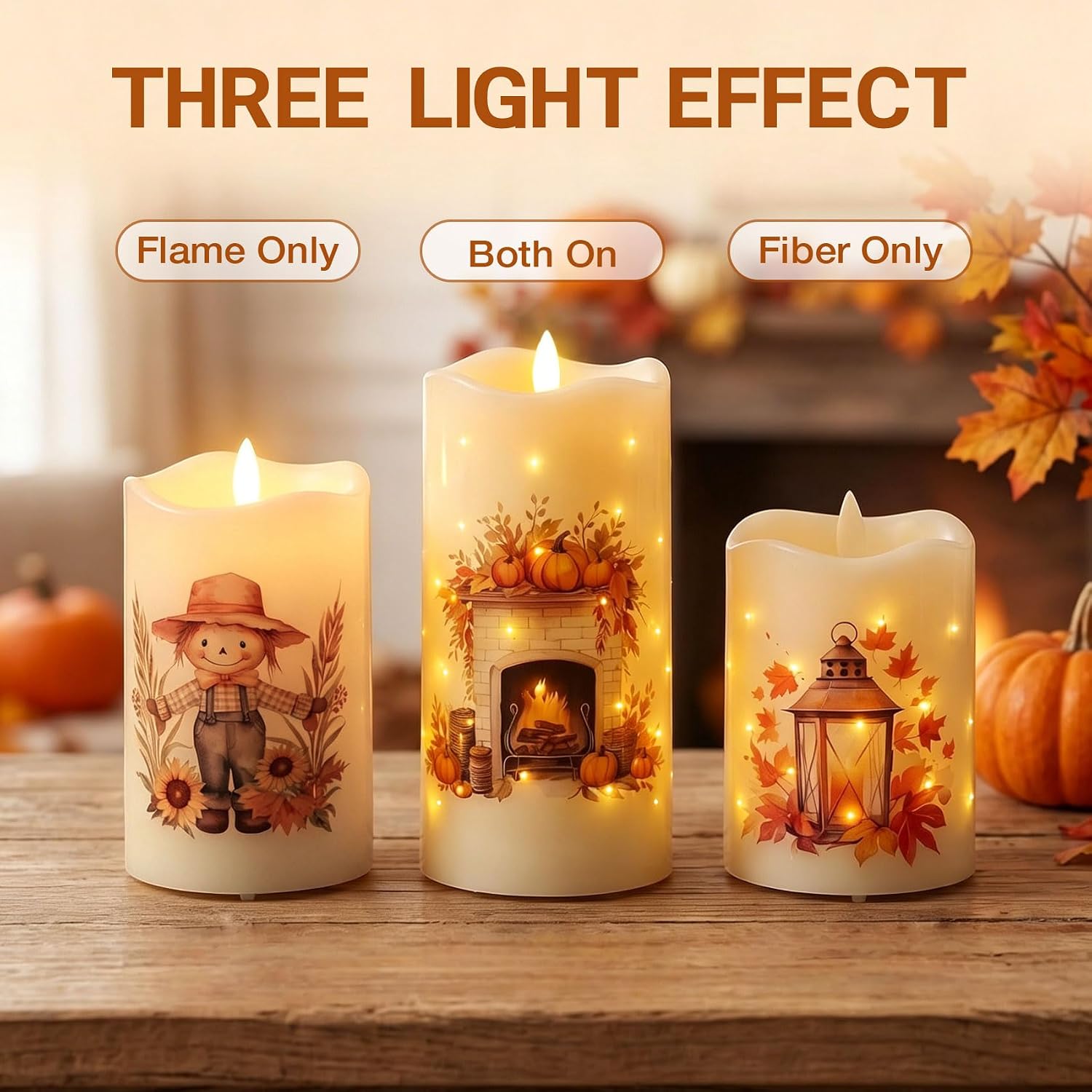 Fall Fiber Optic Flameless Pillar Candles with Remote Set of 3 | Pumpkin Maple Leaf LED Candles Flickering, 3 AA Battery Operated, Harvest Autumn Home Table Shelf Decor