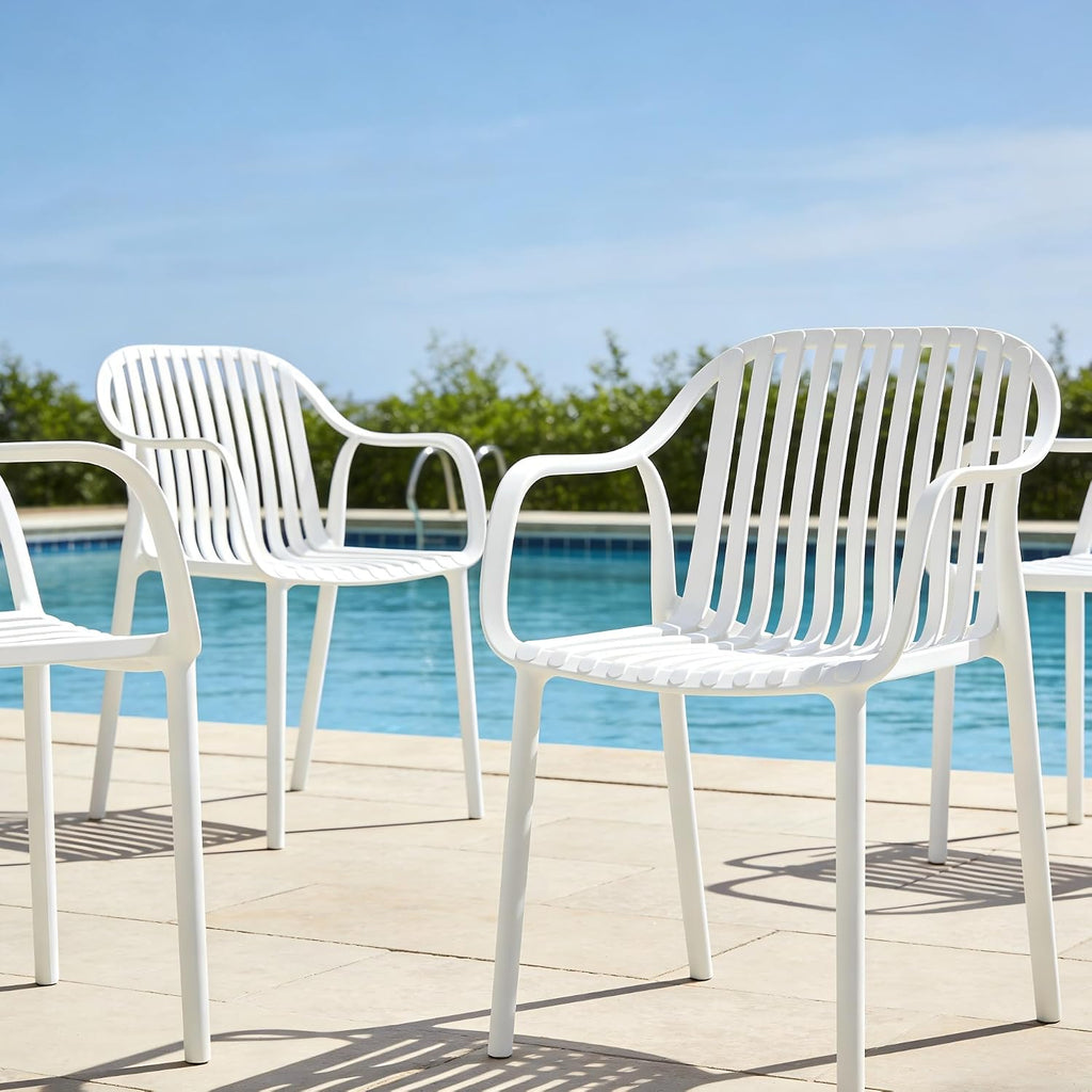 UV-Resistant Outdoor Dining Chairs, Set of 4 (White) | UV-Resistant, Sackable, No Assembly Needed, 300lb Capacity, Plastic Modern Armchairs for Patios