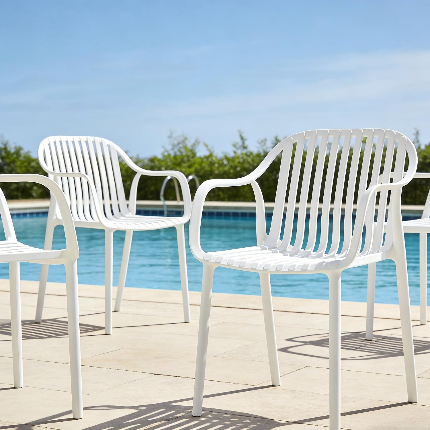 UV-Resistant Outdoor Dining Chairs, Set of 4 (White) | UV-Resistant, Sackable, No Assembly Needed, 300lb Capacity, Plastic Modern Armchairs for Patios