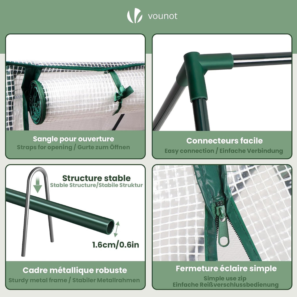 vounot® mini greenhouse with 3 roll-up zipper windows showing dimensions