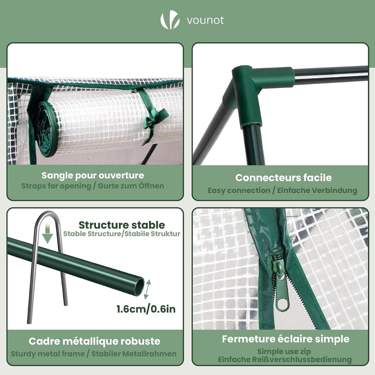 vounot® mini greenhouse with 3 roll-up zipper windows showing dimensions