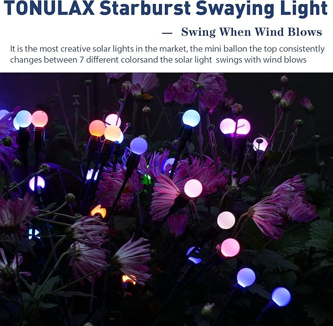 TONULAX Solar Garden Lights, Starburst Swaying Light - Swaying When Wind Blows, Solar Lights Outdoor Decorative, Color Changing RGB Light for Yard Patio Pathway Decoration(2 Pack)