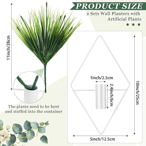 2 Pieces White Wall Decor Hanging Planters with Artificial Plants Metal Hanging Vase Indoor Plants Holder Modern Geometric Wall Art for Bathroom Bedroom Living Room Decor(Aquatic Plant)