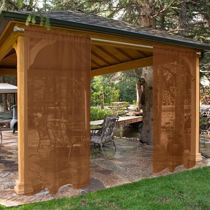 SpaceDresser Waterproof Outdoor Sheer Curtains for Patio - 4 Panels Rod Pocket Indoor Voile Sheer Curtain for Living Room,52W x 96L inch, Brown