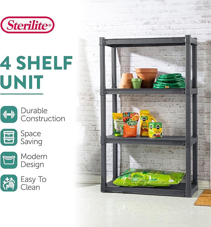 Sterilite 4-Pack 4 Shelf Unit, Heavy-Duty Shelving Storage and Utility Rack - Standing Plastic Organizer Shelves for Kitchen, Bathroom, and Garage