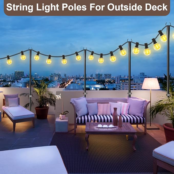 6 Pack 9FT String Light Poles for Outdoor,Metal Lights Hanging Pole Outside with Fork,Light Stand for Patio, Pergola, Garden, Backyard, Yard, Camping Party