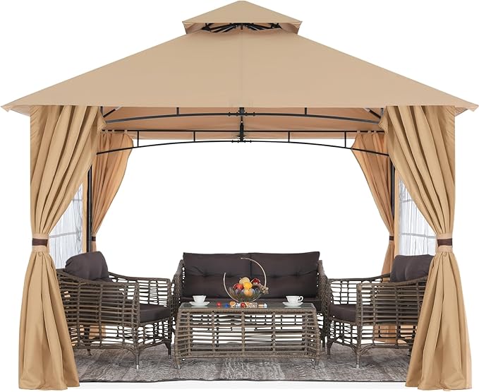 MASTERCANOPY Patio Gazebo Steel Frame Outdoor Gazebo with Windows Curtains (11x11,Beige)