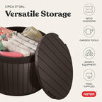 Keter Circa 37 Gallon Deck Box Organizer, Works as Ottoman Chair or Side Table, Brown – Large Resin Round Outdoor Storage and Seating for Garden, Pool, and Patio