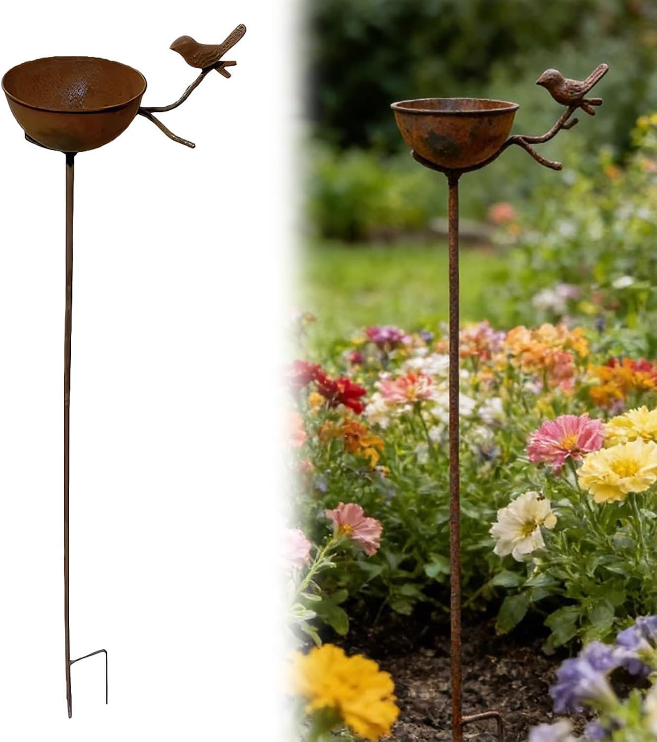 32 Inch Rain Catcher Garden Stake, Antique Iron Metal Water Bowls Bird Bath and Bee Watering Station, Decorative Flower Bed Rainwater Collector Bird Water Feeder for Outdoor Yard Art Decor