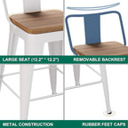 WENTMENT Metal Bar Stools Set of 2 Counter Height Barstools with Removable Back 26" Kitchen Bar Stools with Wooden Seat,Off White