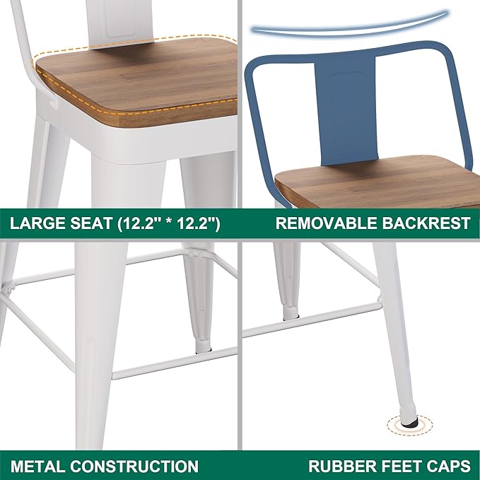 WENTMENT Metal Bar Stools Set of 4 Counter Height Bar Stools Barstools with Removable Back 24" Kitchen Bar Stools with Wooden Seat,Off White