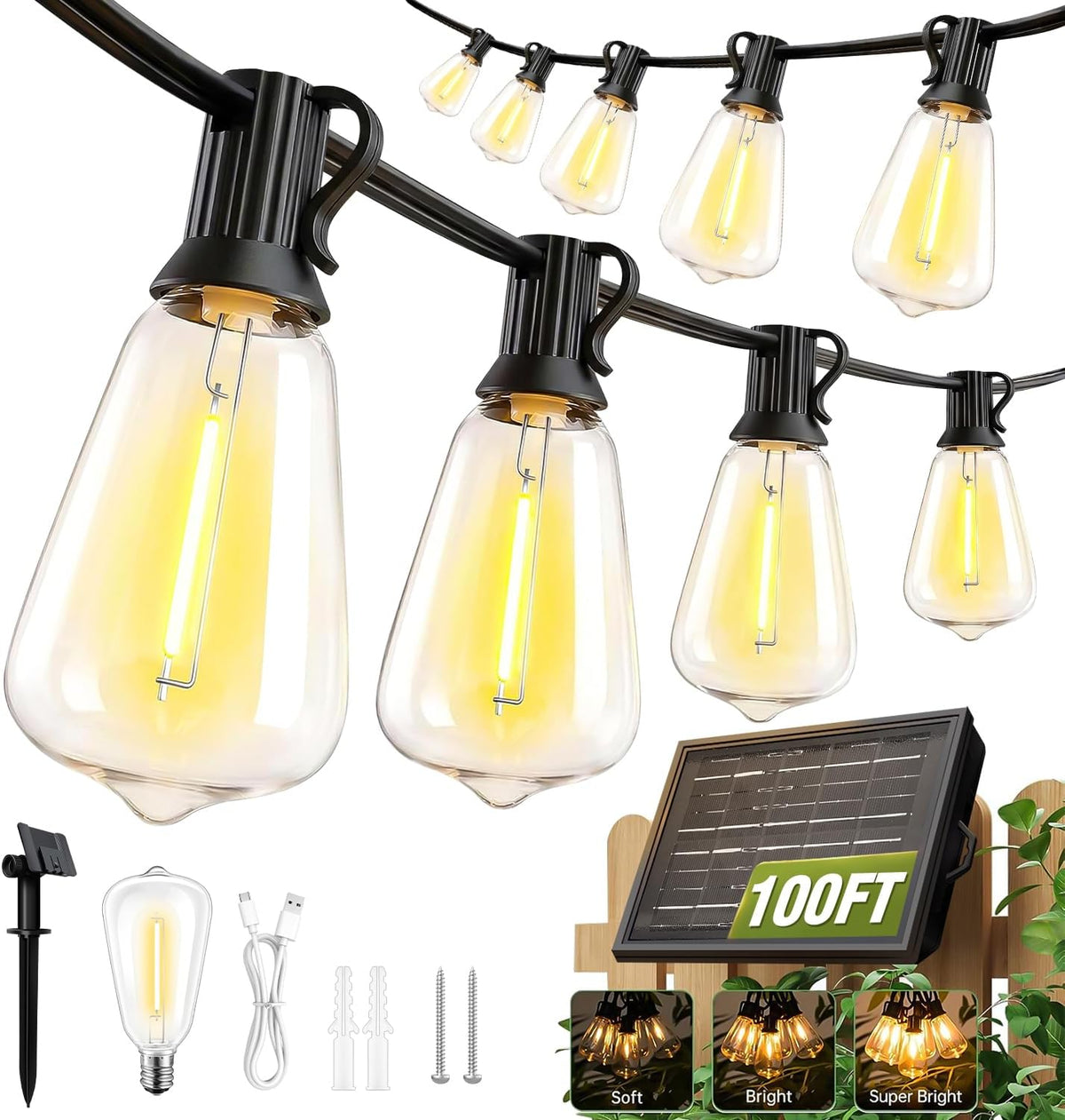 100ft solar string lights outdoor waterproof with remote, main product view