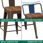WENTMENT Industrial Rusty Bar Stools Set of 4, 24" Counter Height, Wooden Seat, Removable Back, Stackable