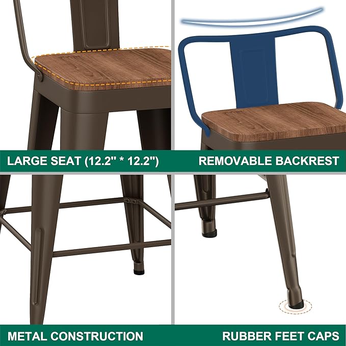 WENTMENT Bar Stools Set of 4 Counter Height Bar Stools Metal Barstools with Removable Back 30" Kitchen Bar Stools with Wooden Seat, Rusty