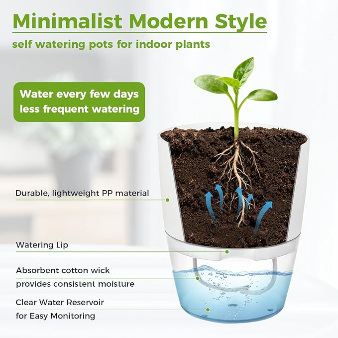 8 Pack Self Watering Pots for Indoor Plants, PlanterHoma 3.2 Inch Plant Pot Plastic Self Watering Planter for Orchid, African Violet, Mini Clear Flower Pots with Drainage Holes and Wicking Rope, White