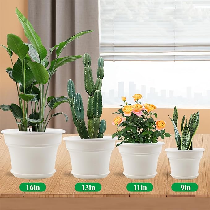 11 Inch Plastic-Flower-Pot-for-Indoor-Plants, 4 Pack Large Outdoor Planter Pot with Drainage Holes & Saucers, Resin Decorative Garden Pots Planters