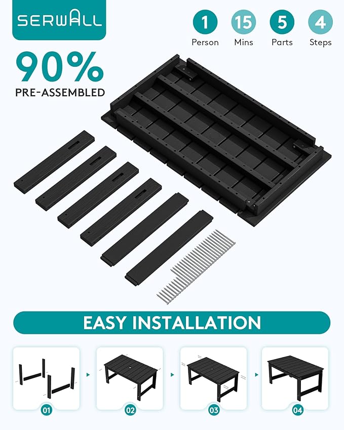SERWALL Outdoor Coffee Table with 9FT Umbrella, HDPE Patio Coffee Table for Outside, Rectangle, Black(Not Include Umbrella Base)