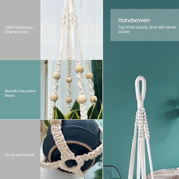 RIFNY Macrame Plant Hanger Indoor, 35 Inch Hanging Plant Holder with Hooks, Large Boho Hanging Basket Plant Hanger for Wall Window Ceiling Plants Decor (White, 1PC)
