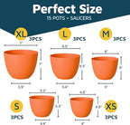 Yellow Plant Pots with Drainage Holes & Saucers 15 Pack, Indoor & Outdoor Stackable Space-Saving Planters for Houseplants & Flowers, (7", 6.7", 6", 5.3", and 4.8" Inches), Durable & Weatherproof