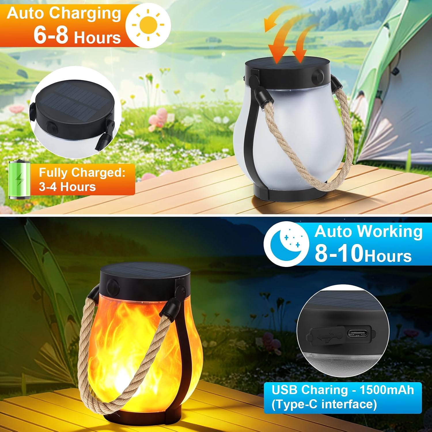 Solar Lanterns Outdoor 2-Pack with Ultra-Real Flame Lights, Dual Charging (USB/Solar), 2 Modes & Outdoor Waterproof Design — Decorative Hanging/Table Lights for Yard, Patio, Garden