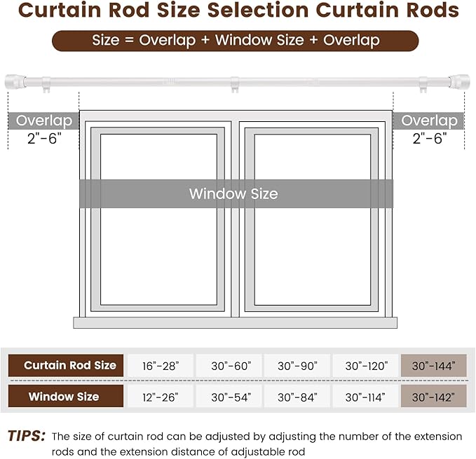 1” Diameter Curtain Rods Itself is 30 to 144 inch 1 Pack Fit 30-142 inch, 66 to 120 inch Window with Heavy Duty Adjustable Rod Matte White Splicing Metal Extra Long Curtain Rod for Windows