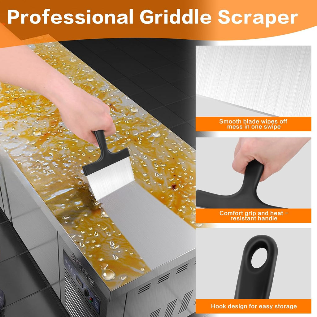 Heavy Duty Grill Scraper, 3-in-1 Stainless Steel Griddle Scraper | Comfort Grip Handle, Griddle Scraper for Blackstone Grill Accessories, Ideal for Flat Top Grill & Outdoor Barbecue Tools