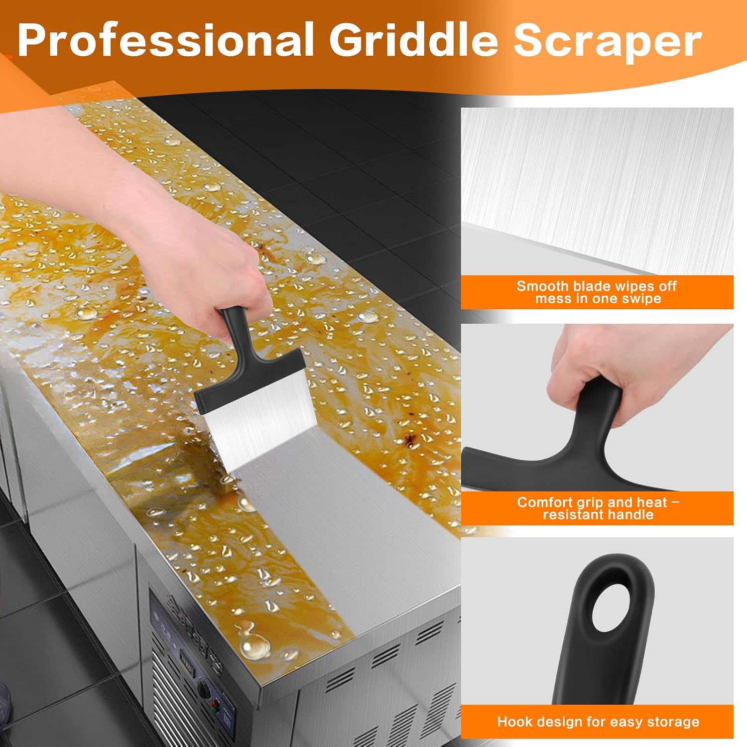 Heavy Duty Grill Scraper, 3-in-1 Stainless Steel Griddle Scraper | Comfort Grip Handle, Griddle Scraper for Blackstone Grill Accessories, Ideal for Flat Top Grill & Outdoor Barbecue Tools