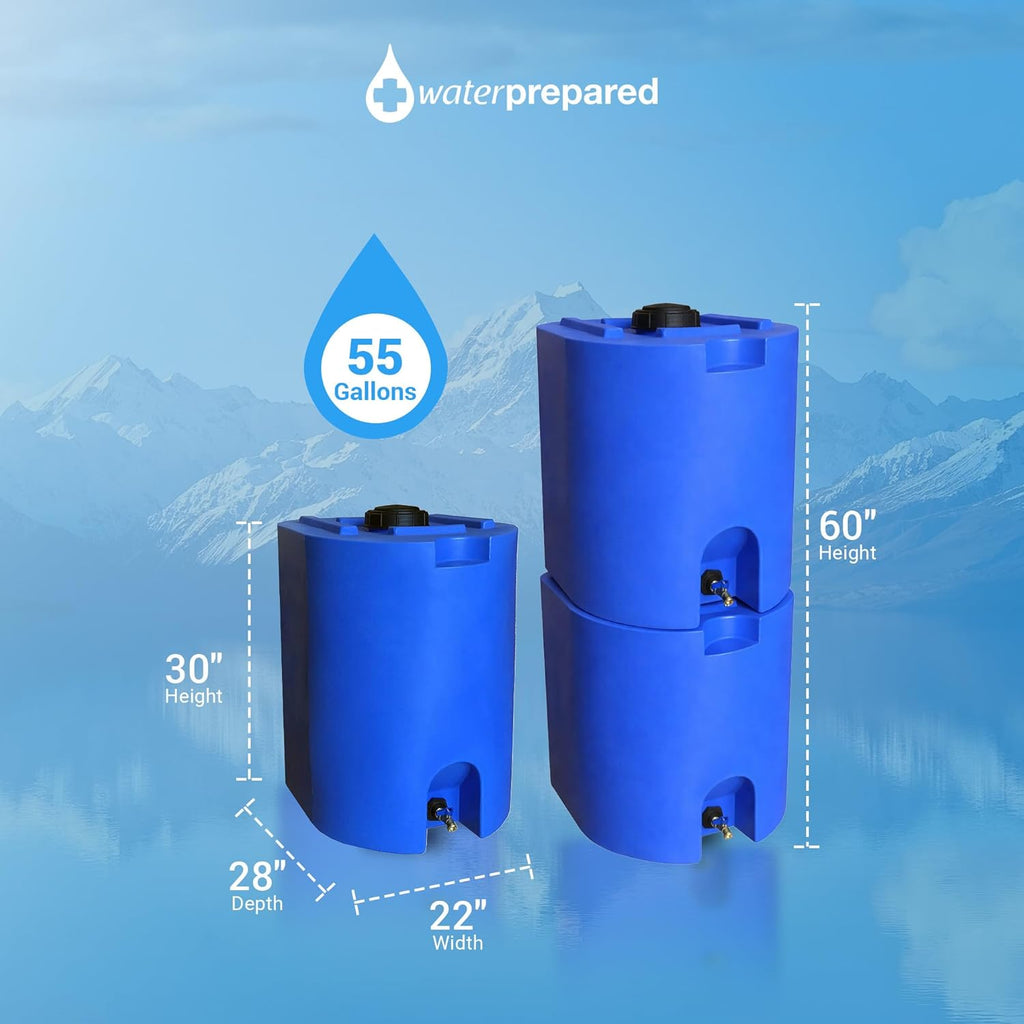 WaterPrepared 55 Gallon Unique Stackable Utility Water Tank, Blue | Emergency Water Storage Tank with Large Cap and Spigot for Easy Filling, Fits Through Standard Doorway