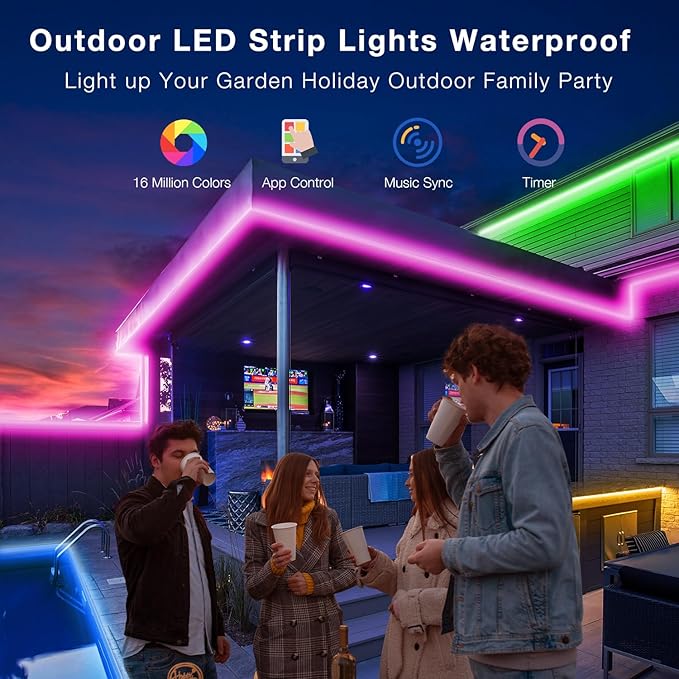 Outdoor LED Strip Lights Waterproof 200ft, IP67 Waterproof LED Light Strips with Remote, Music Sync APP Control, RGB Color Changing LED Lights for Roof, Balcony, Deck, Pool, Patio, Outdoor Decorations