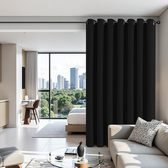 Joydeco Blackout Patio Sliding Door Curtains 108 Inches Long, Grommet Privacy Room Divider Curtains, Extra Wide Thermal Blackout Drapes for Bedroom Living Room (Black, 100Wx108L, 1 Panel)