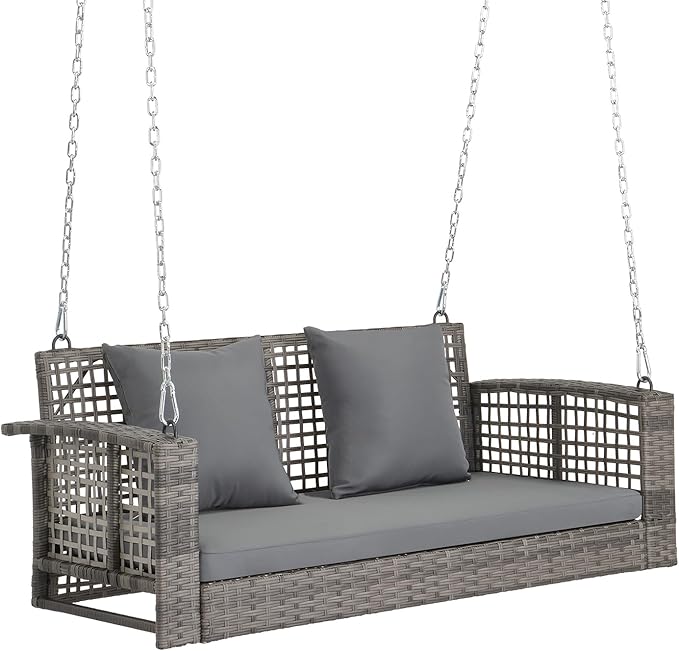 Outvita Porch Swing, 4FT Hanging Outdoor Porch Swings for Adults, Wicker 2 Person Patio Swing, with Cushion, Pillow and Chain for Garden, Backyard, Weight Capacity - 800lbs